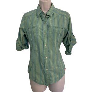 The North Face Shirt Womens Medium Blue White Roll Tab Cotton Snap Button Up